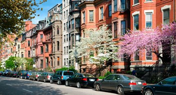 Elegant brownstones in a residential street of Back Bay, Boston