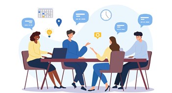 Business communication concept. Group of employees discussing idea at table. Brainstorming and company development, directors council or analytical department. Cartoon flat vector illustration